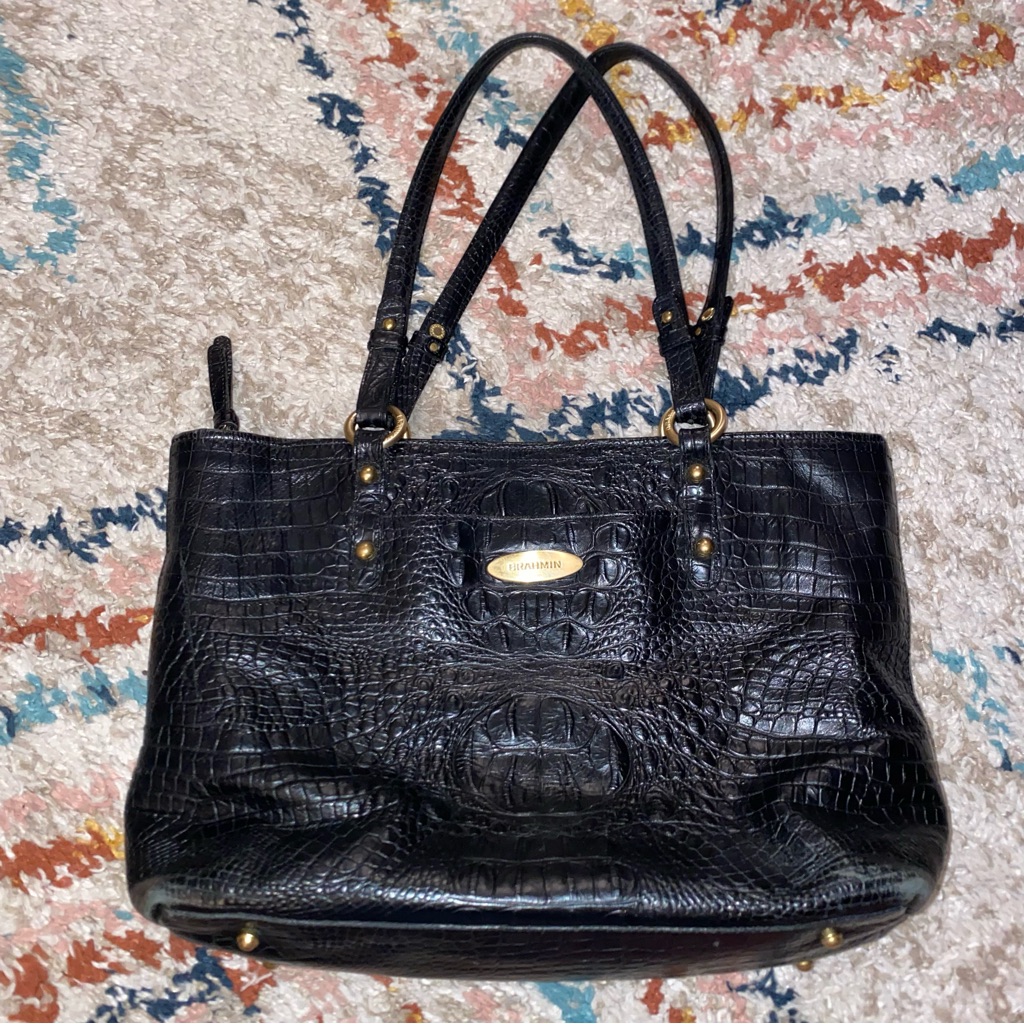 Brahmin Black Crocodile Embossed Leather Tote Black